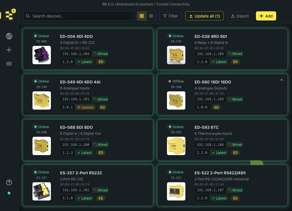 The BB-Eco dashboard in 1.1.0, with the title bar and the Help menu in the sidebar