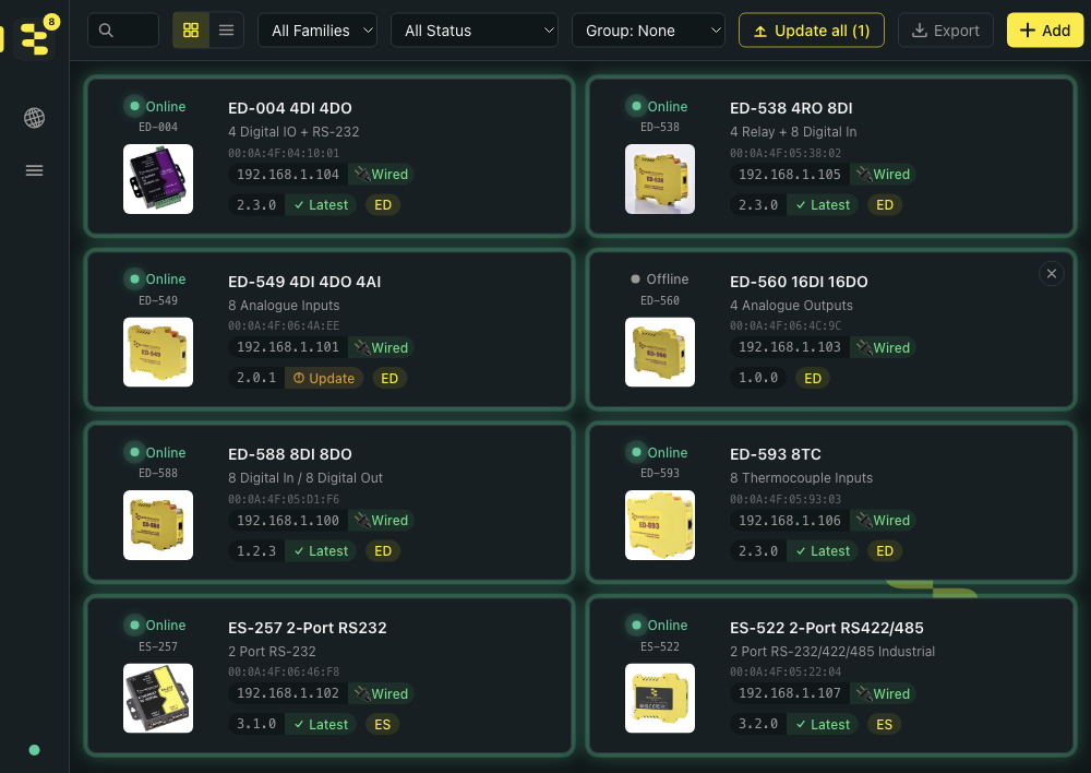BB-Eco dashboard showing eight discovered Brainboxes devices in a two-column grid, with model number, IP address, MAC address, firmware version and online status visible for each. The ED-549 carries an Update pill, the ED-560 is Offline, and an Update all (1) button sits in the toolbar.