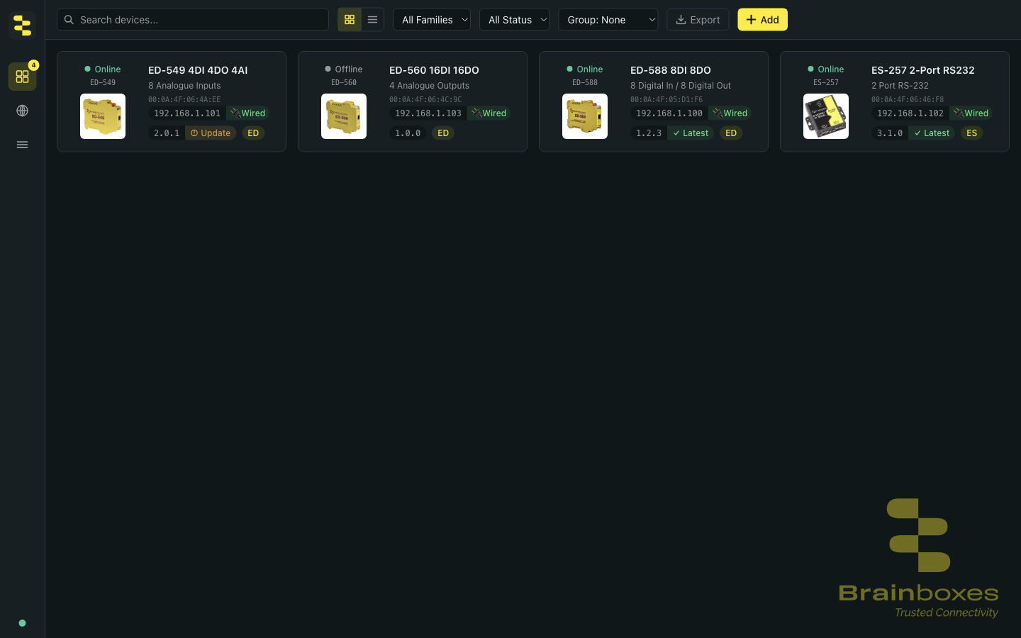 BB-Eco dashboard showing four discovered Brainboxes devices in a grid view, with model number, IP address, MAC address, and online status visible for each