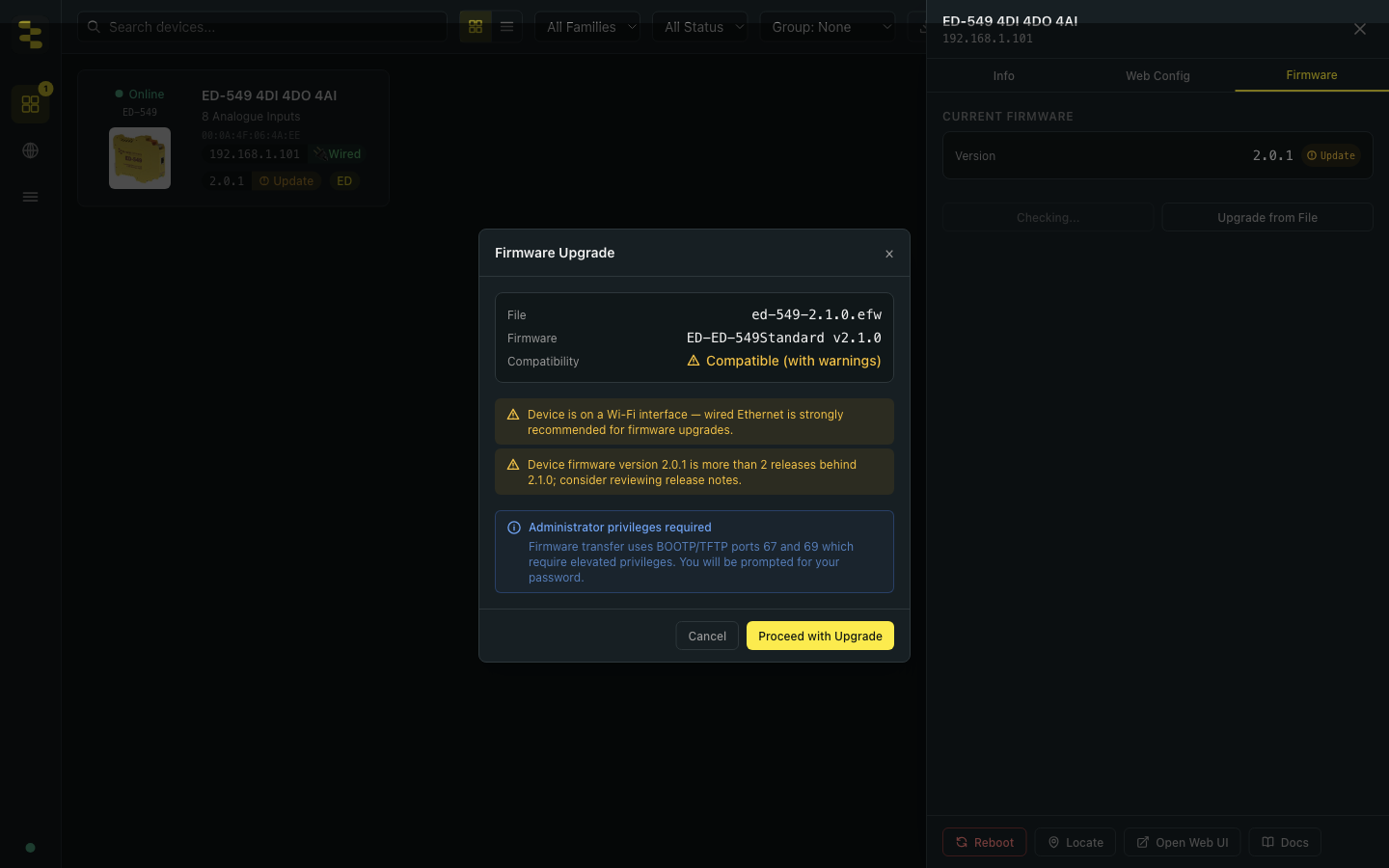 BB-Eco pre-flight dialog showing Compatible with warnings verdict for an ED-549 firmware 2.1.0 upgrade, listing two warnings about Wi-Fi interface and firmware version drift