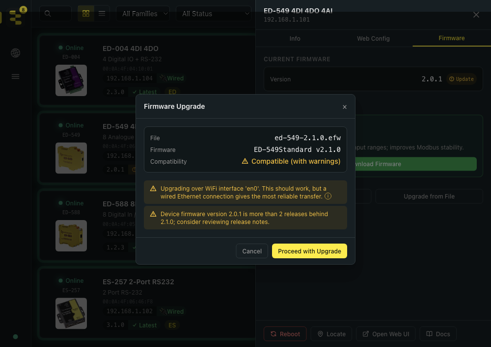 BB-Eco pre-flight dialog showing Compatible with warnings verdict for an ED-549 firmware 2.1.0 upgrade, listing two warnings about Wi-Fi interface and firmware version drift