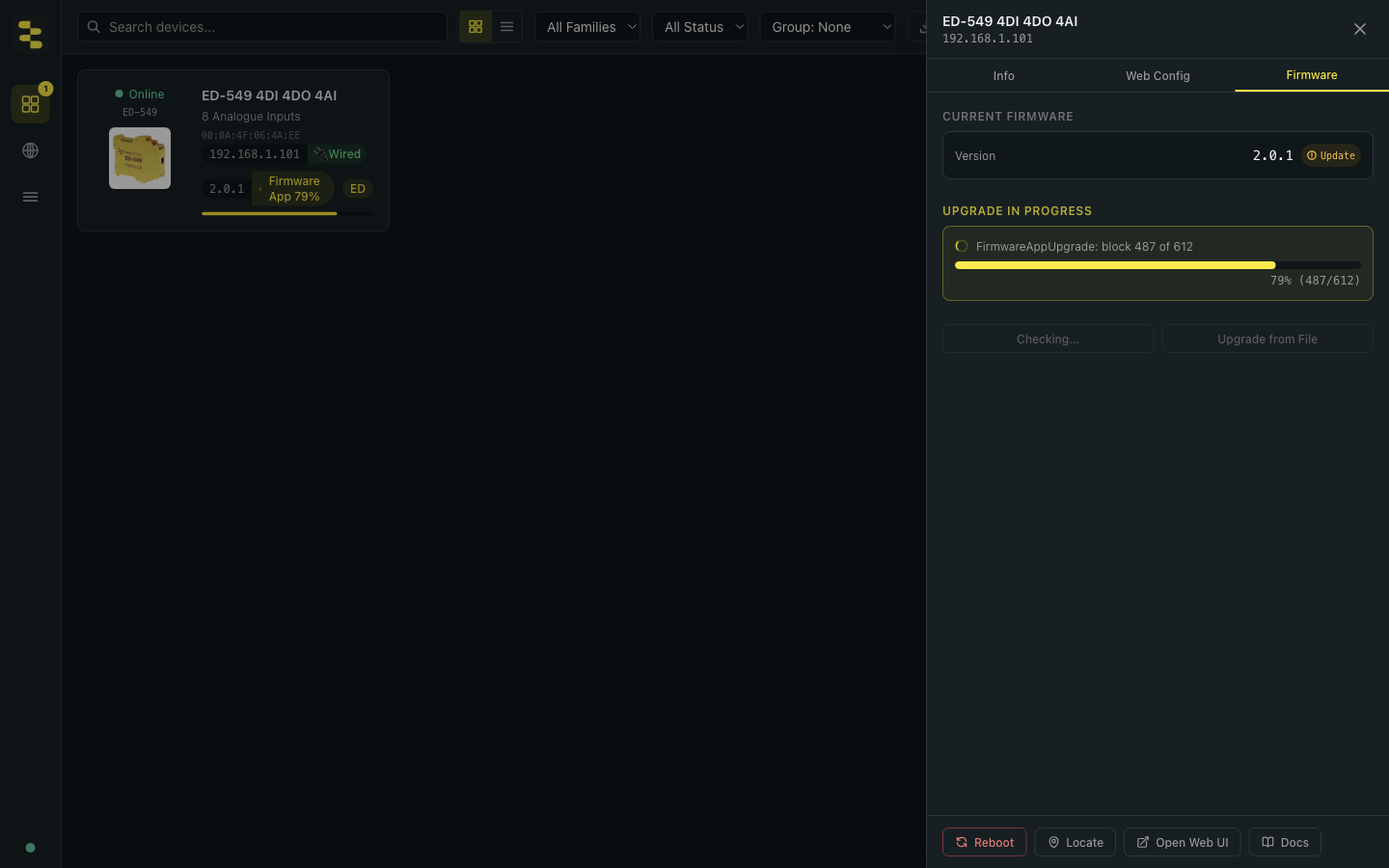 BB-Eco upgrade progress bar at FirmwareAppUpgrade stage, block 487 of 612, 79 percent complete