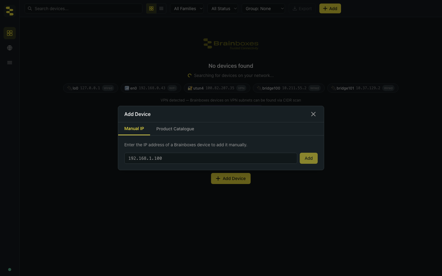 BB-Eco's Add Device dialog with an IP address text field and an Add button — used when SSDP / mDNS auto-discovery can't reach the device, e.g. cross-subnet or behind a corporate VPN