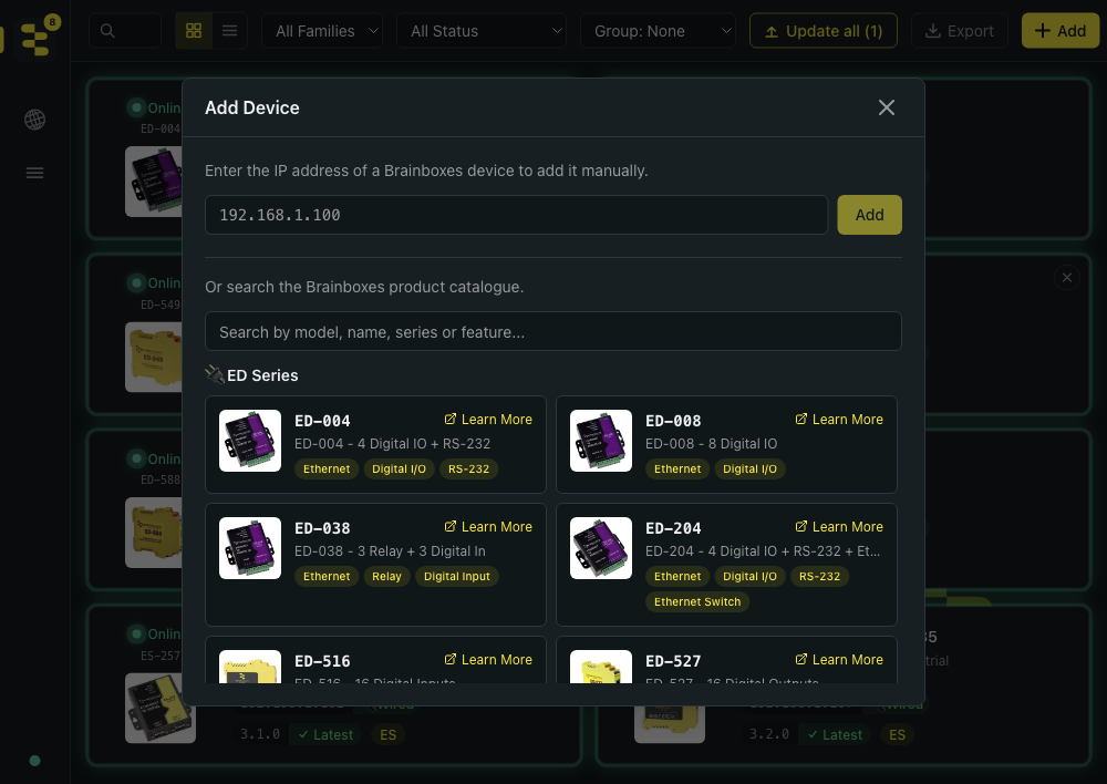 BB-Eco's Add Device dialog: an IP address field with Add button at the top, and below it a live search box over the Brainboxes product catalogue showing ED-series product cards, each with a photo, description, feature tags, and a Learn More button