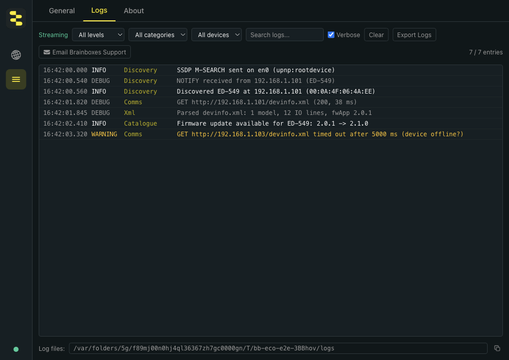 BB-Eco Settings → Logs panel showing structured log entries with timestamp, level, category, and message — discovery, comms, XML parsing, and a warning about a device timeout — with the verbose toggle enabled