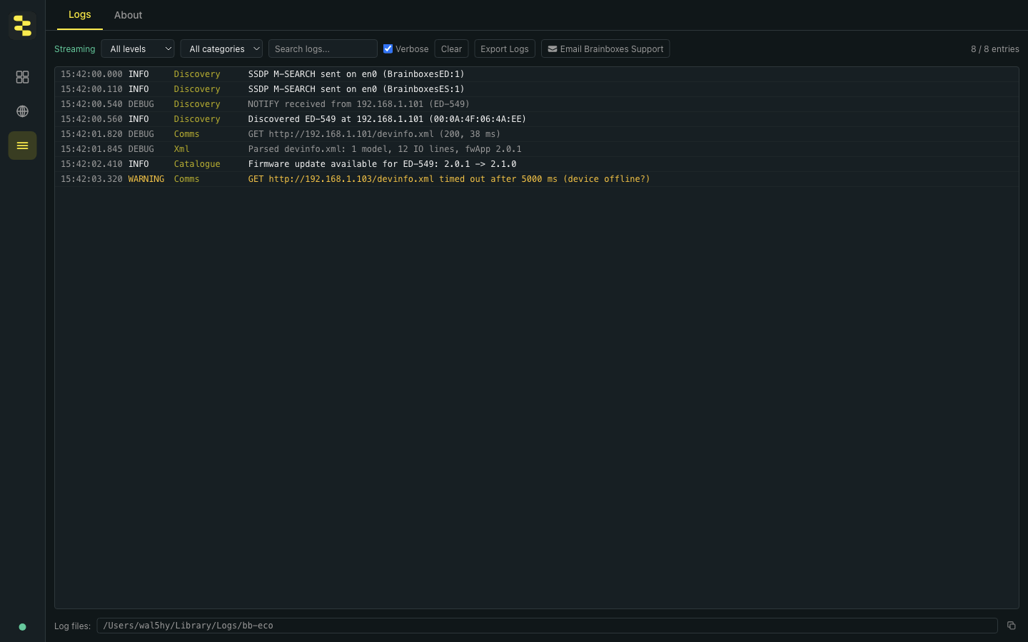 BB-Eco Settings → Logs panel showing structured log entries with timestamp, level, category, and message — discovery, comms, XML parsing, and a warning about a device timeout — with the verbose toggle enabled