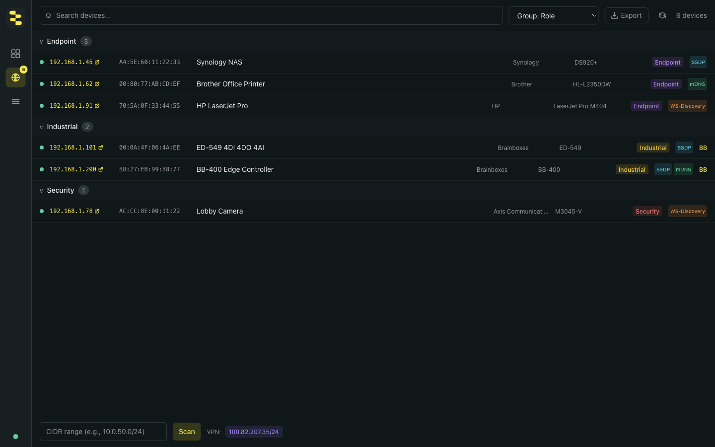 BB-Eco Network Neighborhood tab showing six discovered devices grouped by role — three endpoints (Synology NAS, Brother printer, HP LaserJet), two industrial devices (Brainboxes ED-549, BB-400), one security device (Axis IP camera), with SSDP, mDNS, and WS-Discovery source badges