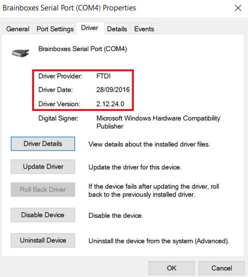 Windows Device Manager Driver tab showing FTDI driver provider, date 28/09/2016, version 2.12.24.0 for Brainboxes Serial Port COM4