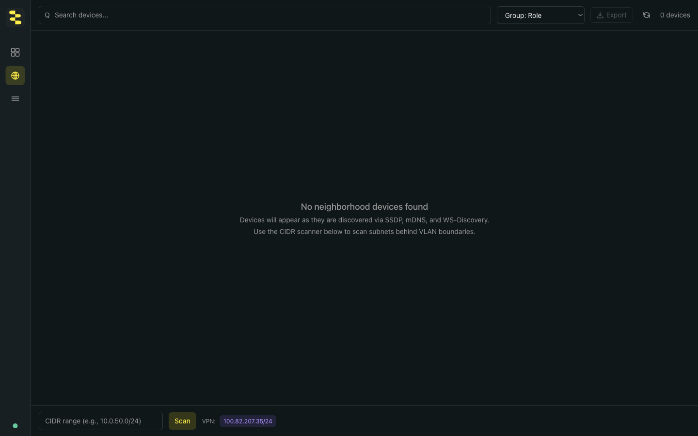 BB-Eco's Network Neighborhood tab in its empty state. The bottom row shows a CIDR scan input, a Scan button, and a clickable VPN suggestion labelled "100.82.207.35/24". The empty-state message reads: "Devices will appear as they are discovered via SSDP, mDNS, and WS-Discovery. Use the CIDR scanner below to scan subnets behind VLAN boundaries."