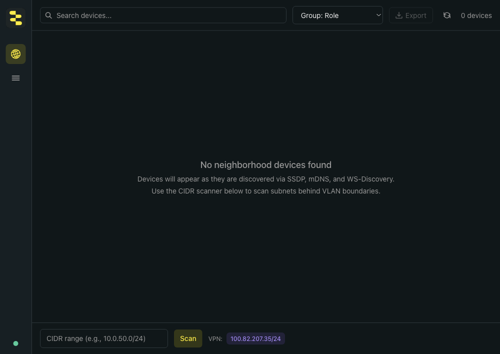 BB-Eco's Network Neighborhood tab in its empty state. The bottom row shows a CIDR scan input, a Scan button, and a clickable VPN suggestion labelled "100.82.207.35/24". The empty-state message reads: "Devices will appear as they are discovered via SSDP, mDNS, and WS-Discovery. Use the CIDR scanner below to scan subnets behind VLAN boundaries."