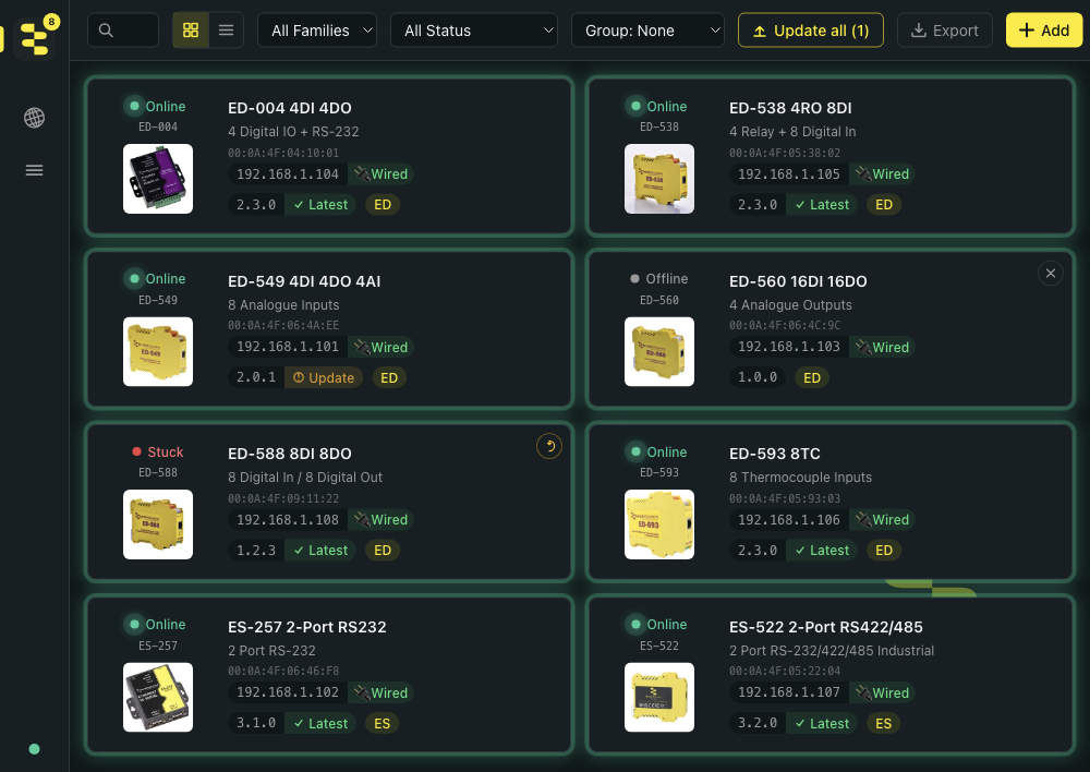 BB-Eco dashboard showing eight devices in a two-column grid. Most cards show the green Online indicator; the ED-549 also carries an Update pill and the ED-560 shows the grey Offline indicator. In the third row, left, the ED-588 shows a red Stuck indicator and a recovery icon — this is the device whose firmware upgrade was interrupted and is now broadcasting BOOTP from the recovery bootloader.