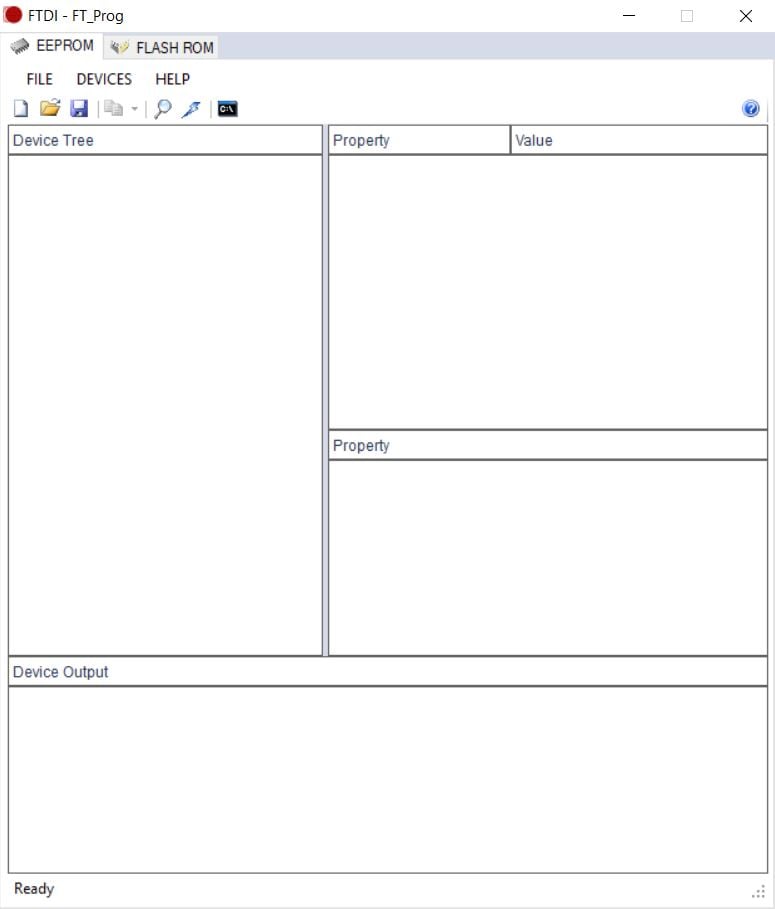 FT_Prog utility main interface with empty Device Tree, Property, Value, and Device Output panels