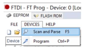 FT_Prog Devices menu open with Scan and Parse option highlighted
