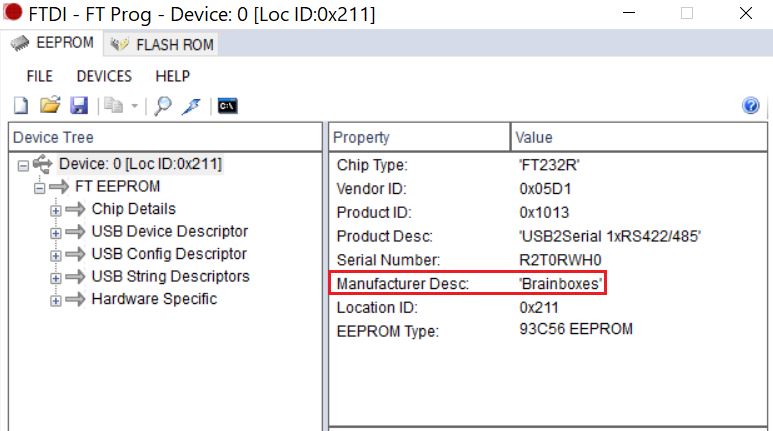 FT_Prog showing detected Brainboxes USB device with Manufacturer Desc highlighted as Brainboxes, Vendor ID 0x05D1, Product ID 0x1013