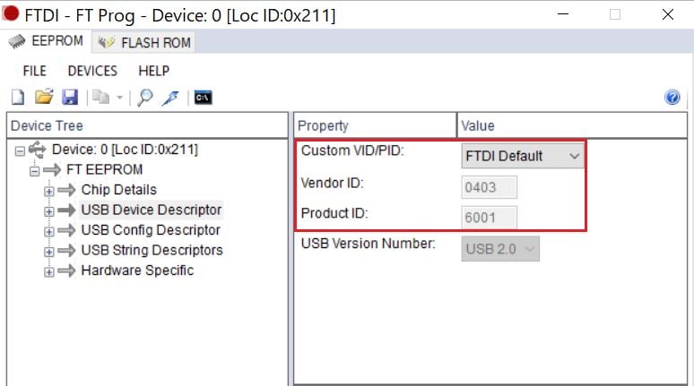 FT_Prog USB Device Descriptor with FTDI Default selected, showing greyed-out Vendor ID 0403 and Product ID 6001