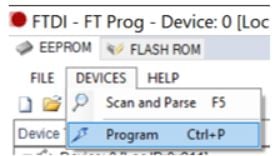 FT_Prog Devices menu with Program option selected