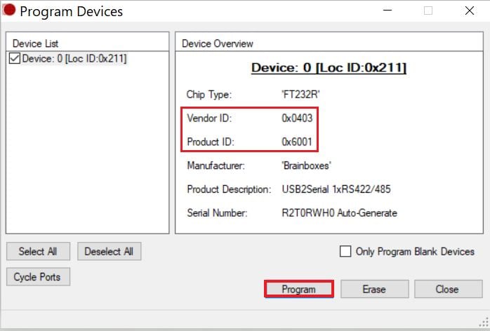 FT_Prog Program Devices dialog showing device with FTDI VID 0x0403 and PID 0x6001 ready to program
