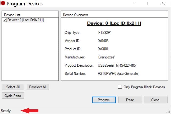 FT_Prog Program Devices dialog showing Ready status in bottom-left corner after successful programming