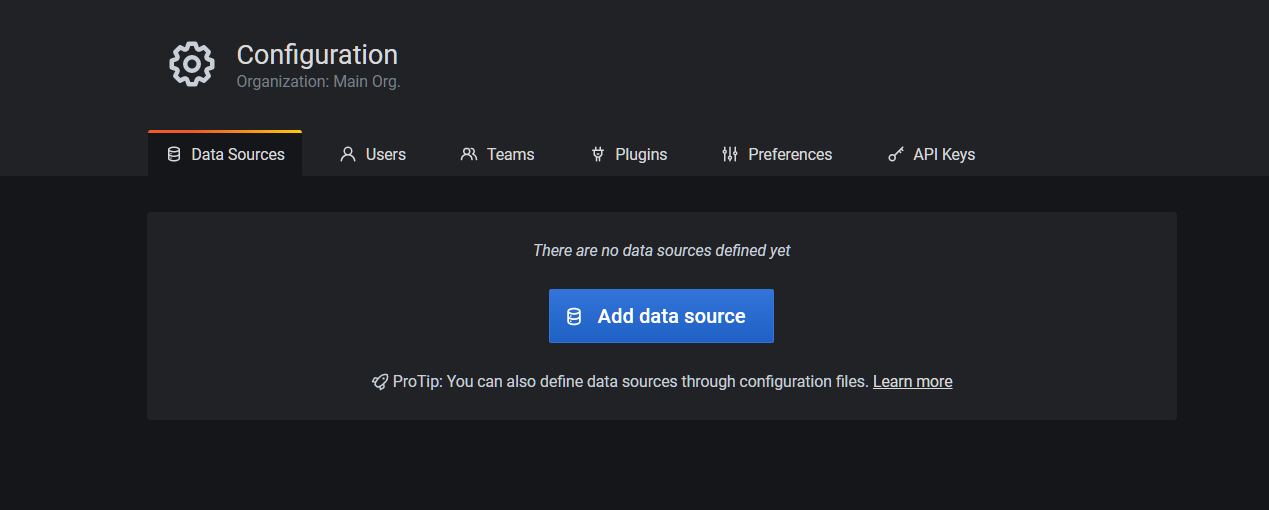 Grafana Configuration Data Sources page with Add data source button, no data sources defined yet