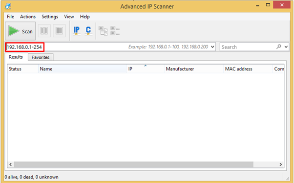 Advanced IP Scanner with IP range 192.168.0.1-254 entered ready to scan
