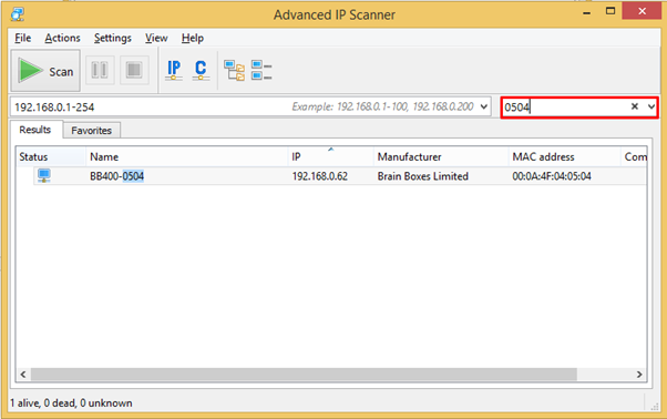Advanced IP Scanner results showing BB400-0504 found at 192.168.0.62 by Brain Boxes Limited