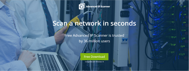 Advanced IP Scanner website homepage with free download button
