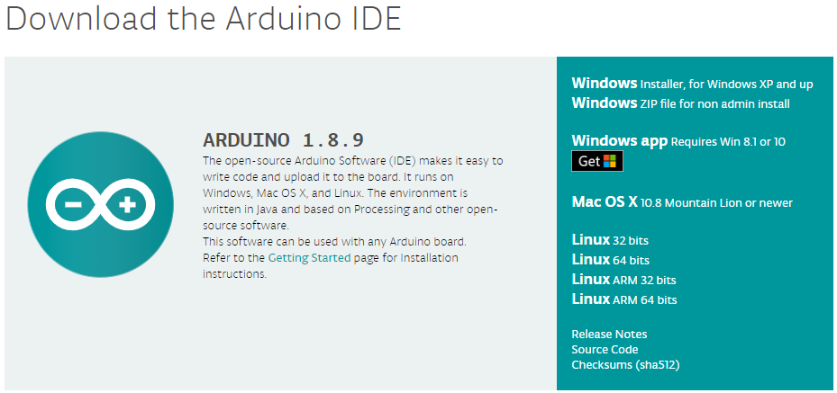 Arduino IDE 1.8.9 download page showing Windows, Mac OS X, and Linux installer options