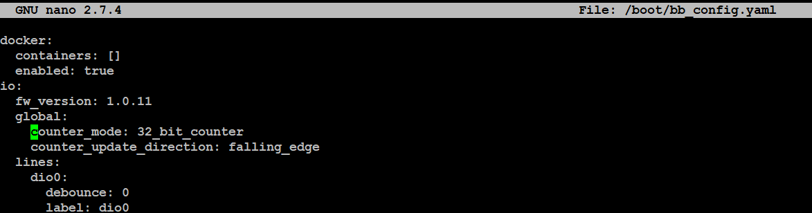 BB-400 bb_config.yaml open in nano editor showing io section with counter_mode set to 32_bit_counter