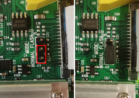 BB-400 circuit board showing MODE jumper moved from FLASH position back to NORMAL position after restore
