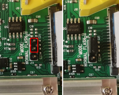 BB-400 circuit board showing MODE jumper in NORMAL position (left) and moved to FLASH position (right)