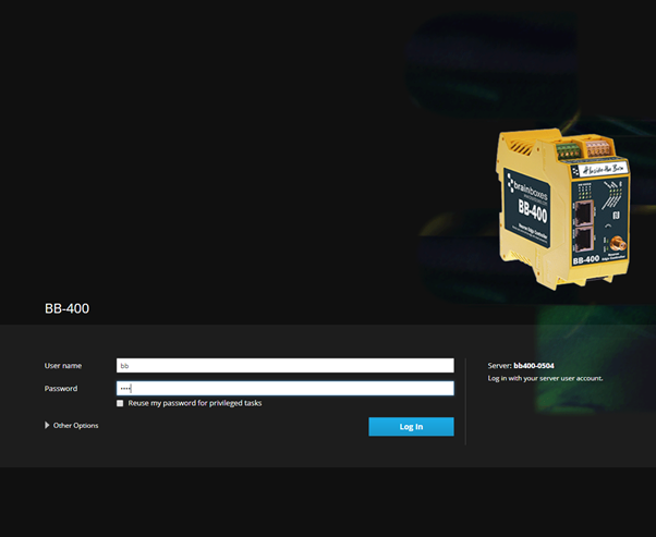 BB-400 Cockpit web administration login page with username and password fields and product image