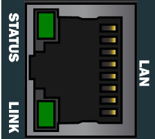 BB-400 front panel close-up of LAN Ethernet port with STATUS and LINK status LEDs