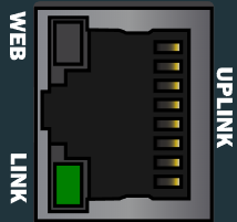 BB-400 front panel close-up of UPLINK Ethernet port with WEB and LINK status LEDs