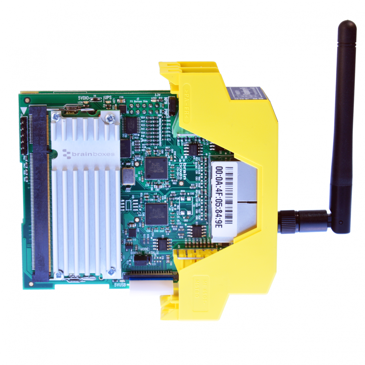 BB-400 with cover removed showing finned aluminium heat sink installed on the Raspberry Pi CM3+ compute module