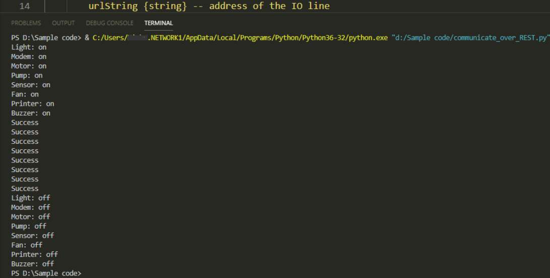 BB-400 REST program output showing IO lines toggled on then off with Success messages