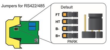 BB-400 RS422/485 jumper configuration showing FT, HT, B-, B+, and PARK positions
