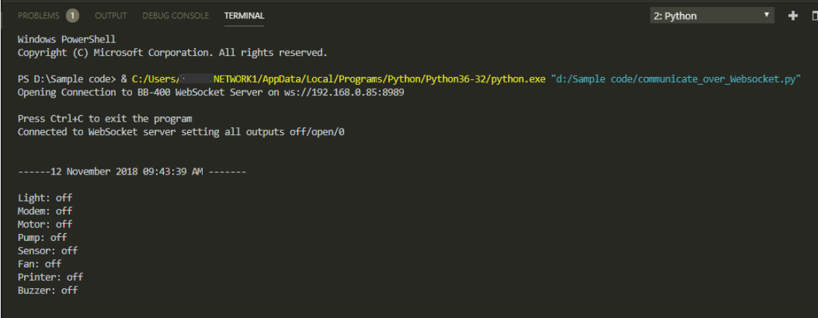 BB-400 WebSocket output showing all IO lines set to off in terminal
