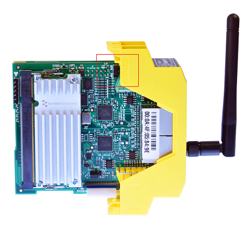 BB-400 internal PCB with red box highlighting the NPN/PNP configuration jumper location on the reverse board near the compute module