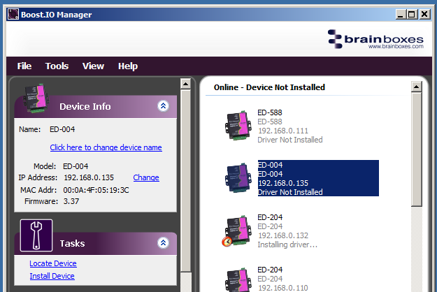 Boost.IO Manager showing ED-004 device selected with Device Info panel and Install Device option under Tasks