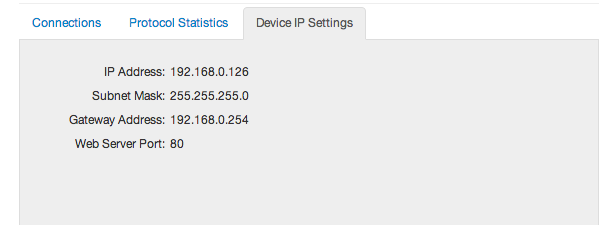Brainboxes ED device IP Settings tab showing IP address, subnet mask 255.255.255.0, gateway address, and web server port 80