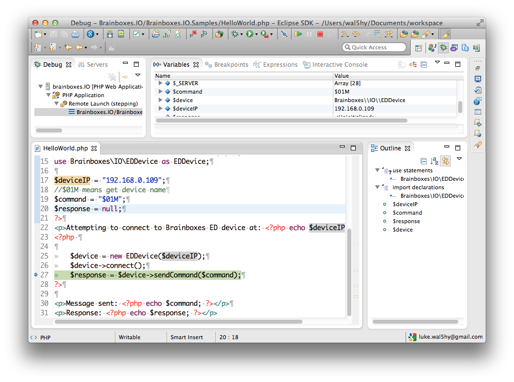 Eclipse IDE debugging Brainboxes.IO PHP API code connecting to an ED device and sending an ASCII command