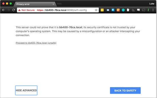 Chrome on macOS privacy error for BB-400 with Advanced expanded and Proceed link