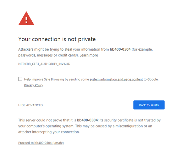 Chrome privacy warning for BB-400 with Advanced options expanded and Proceed link visible