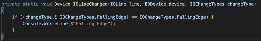 C# code snippet filtering for FallingEdge events using bitwise AND operator on IOChangeTypes enum