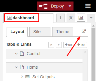 Dashboard open in new window button Node-RED dashboard sidebar with arrow pointing to the open dashboard in new window button
