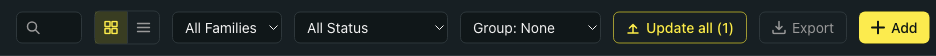 BB-Eco dashboard top toolbar showing the search box, grid/list view toggle, family filter (All Families), status filter (All Status), grouping dropdown (Group: None), and the Export and Add buttons on the right