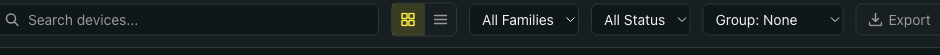 BB-Eco dashboard top toolbar showing the search box, grid/list view toggle, family filter (All Families), status filter (All Status), grouping dropdown (Group: None), and the Export and Add buttons on the right