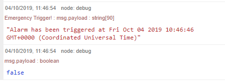 Node-RED debug output showing Emergency Trigger alarm message with timestamp and boolean false value