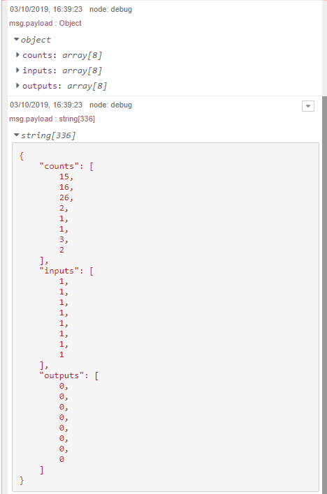 Node-RED debug output showing BB-400 IO state JSON with counts, inputs, and outputs arrays
