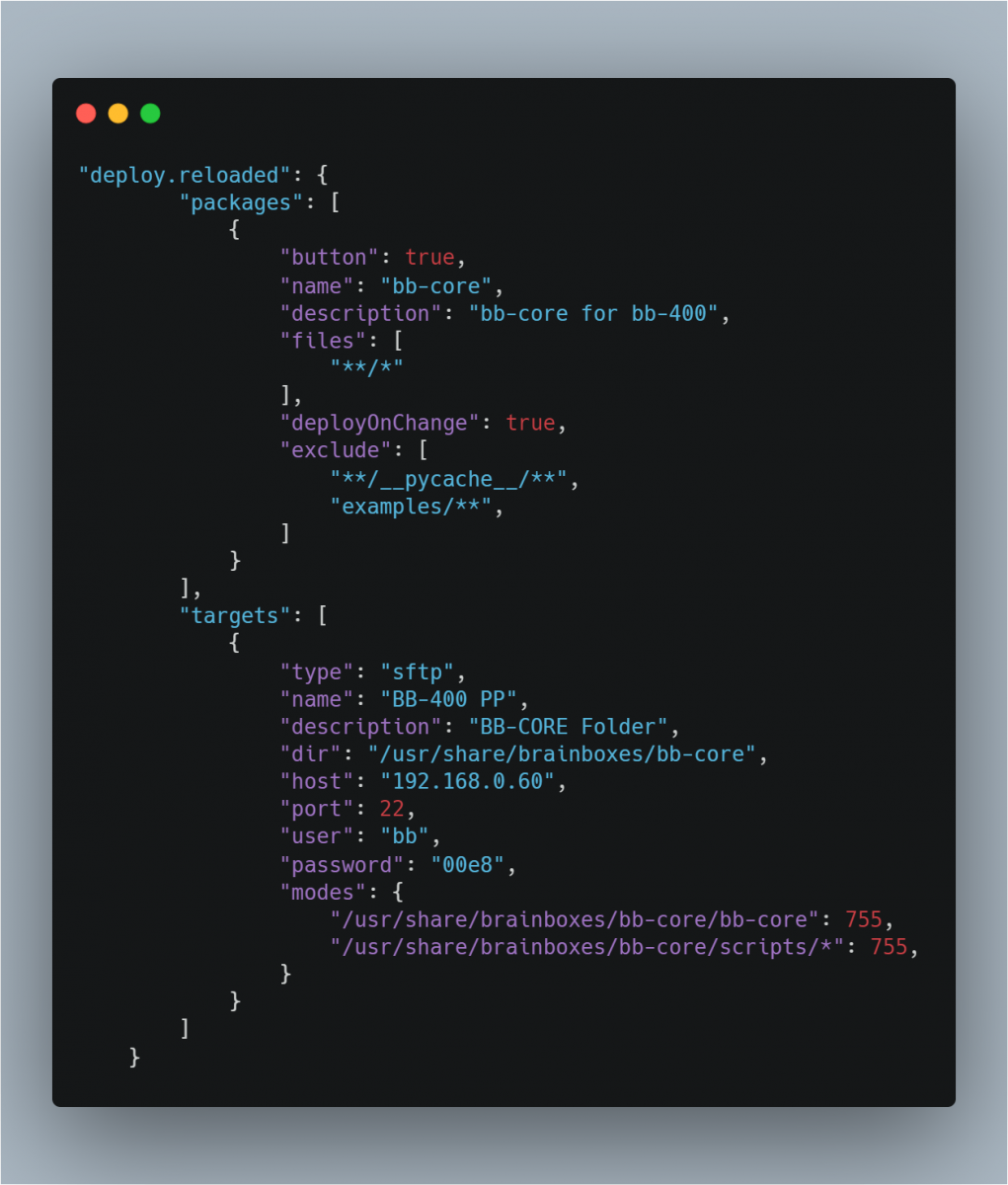 VSCode settings.json with Deploy Reloaded configuration for BB-400 bb-core package, showing SFTP target with IP address and directory paths